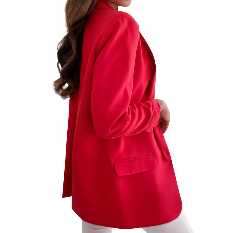 HUBERY Women Lapel Collar Long Sleeve Open Front Solid Color Blazer Jacket