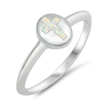 CHOOSE YOUR COLOR White Simulated Opal Christian Cross Purity Ring .925 Sterling Silver Band CZ Female Size 4