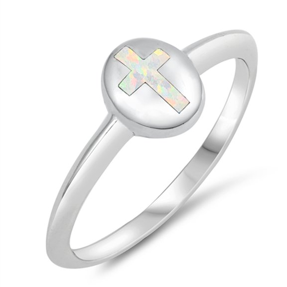 CHOOSE YOUR COLOR White Simulated Opal Christian Cross Purity Ring .925 Sterling Silver Band CZ Female Size 5