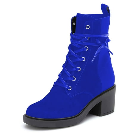 YDN Women s Closed Round Toe Lace Up Combat Booties Chunky Block Low Heel Ankle Boots Winter Date Party Shoes Size 5 Blue