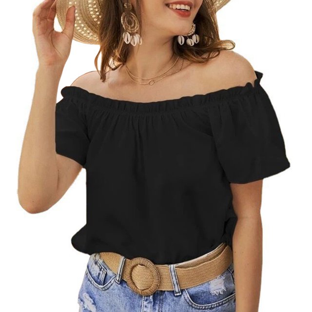 Blusa de verano con hombros descubiertos, informal, de manga corta, con volantes, ajuste holgado, color negro, M