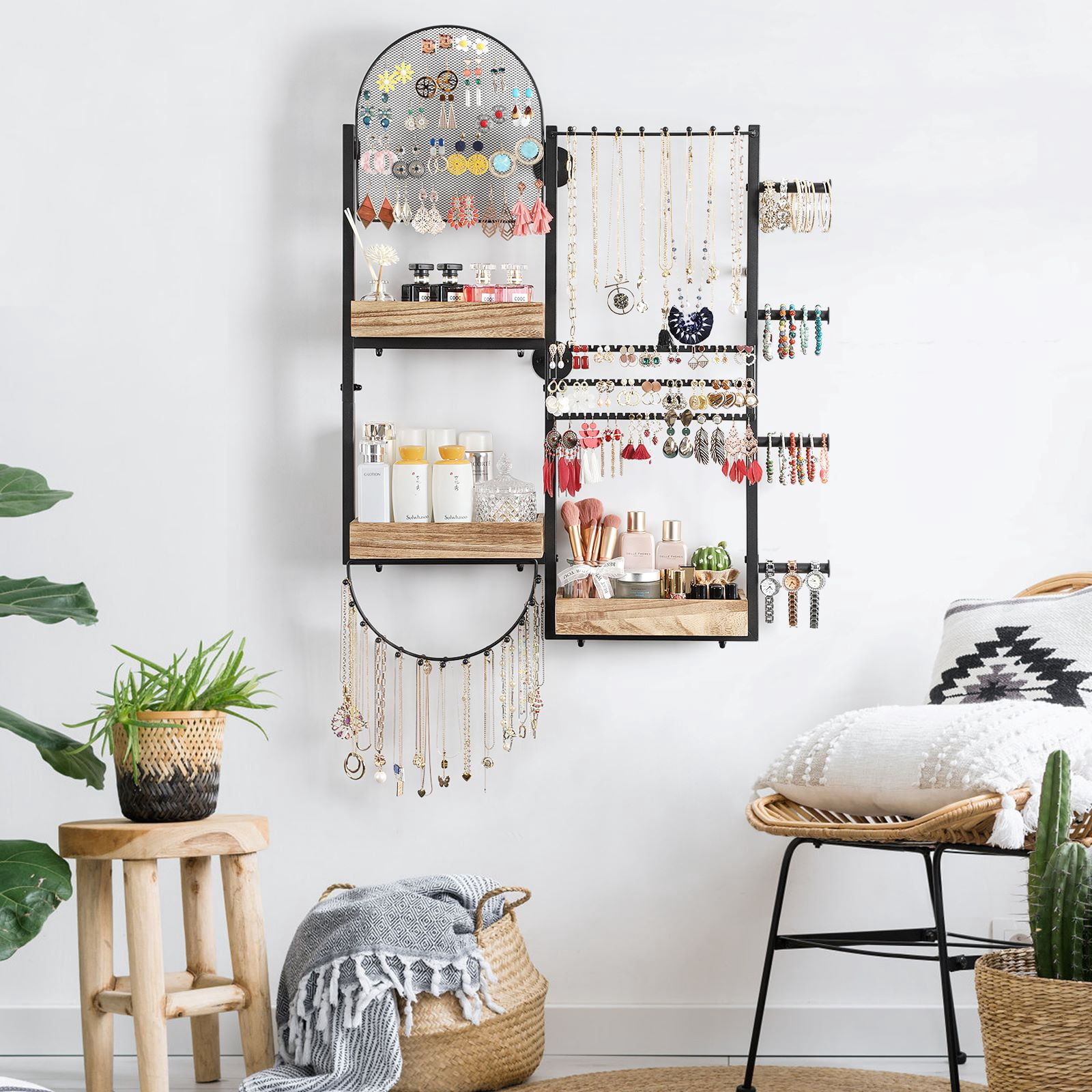 Olakee Large-Capacity Jewelry Organizer Wall Mount with 3 Wood Boxes for Earring, Necklace, Bracelet, and Perfume Display, Girls & Women, Modern, Brown