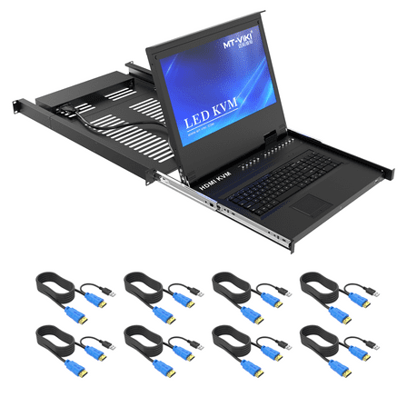 MT-VIKI 1U Rackmount HDMI KVM Console with 17.3" LED Monitor 1920x1080, Less Weight HDMI KVM Switch OSD Hotkey Panel Button (8 Ports)