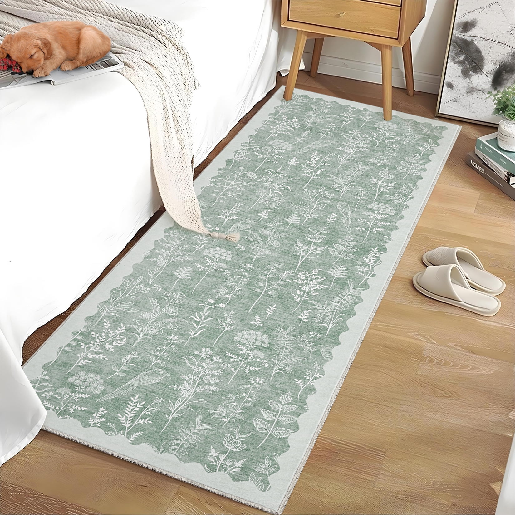 FairOnly Light Green 2'x 6'Washable Runner Rugs for Kitchen Modern Flower Low Pile Bordered Print Rug for Entrance Hallway