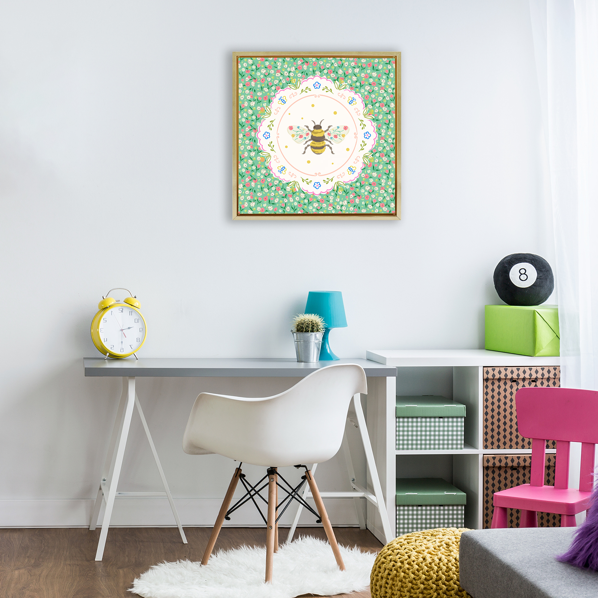Spring Bee Delicate Florals Gold Framed Floater Canvas Wall Art, design by Angela Steahling
