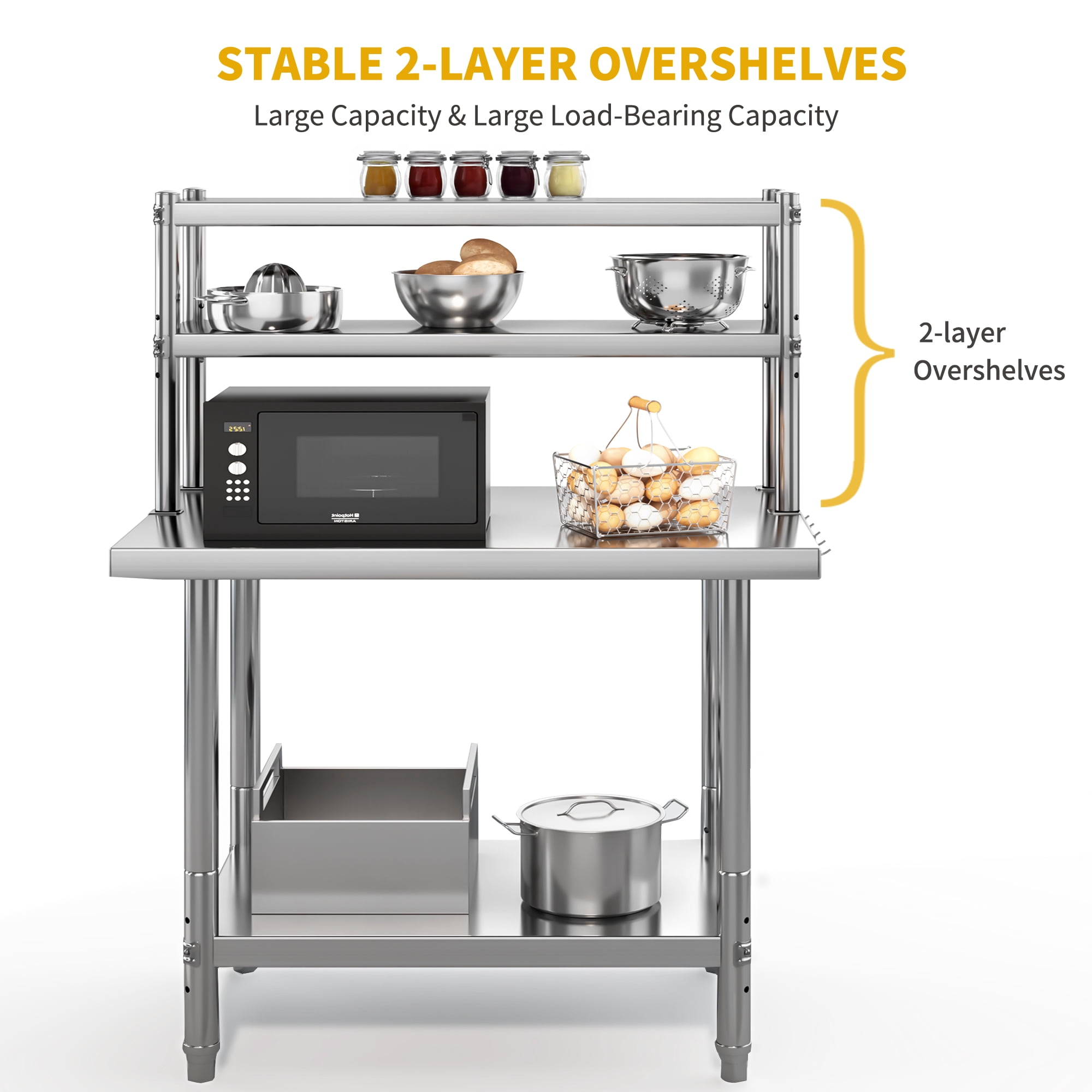 Uforic 30 x 24 In 4-Tier Stainless Steel Work Table with Overshelves, Hooks, Metal Prep Table for Commercial Kitchens and Restaurants