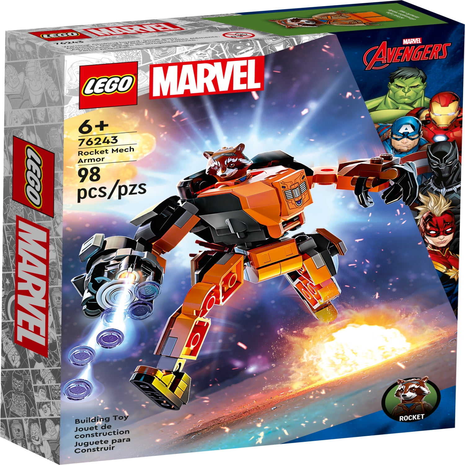 LEGO Marvel Rocket Mech Armor Set 76243, Guardians of the Galaxy Racoon Action Figure Super Heroes Toy, Avengers Gift Idea for Kids 6+