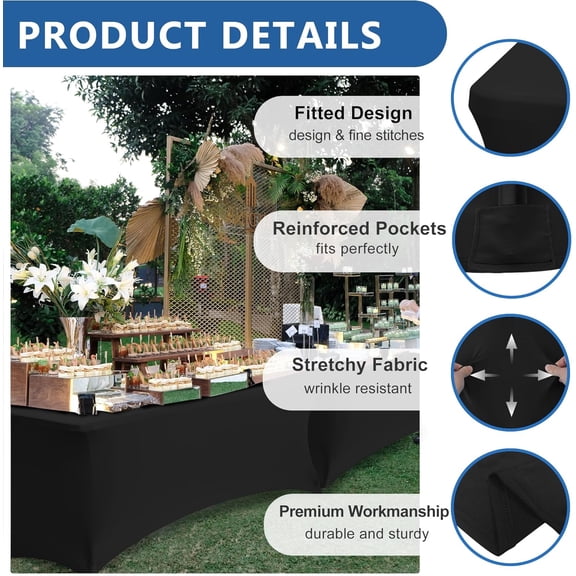 Spandex Table Cloths for 8 Foot Rectangle Tables-6 Pack Fitted Stretch Black Table Covers-Elastic Folding Tablecloths for Party, Vendor Booth Display, Banquet Buffet Event, Craft Trade Show