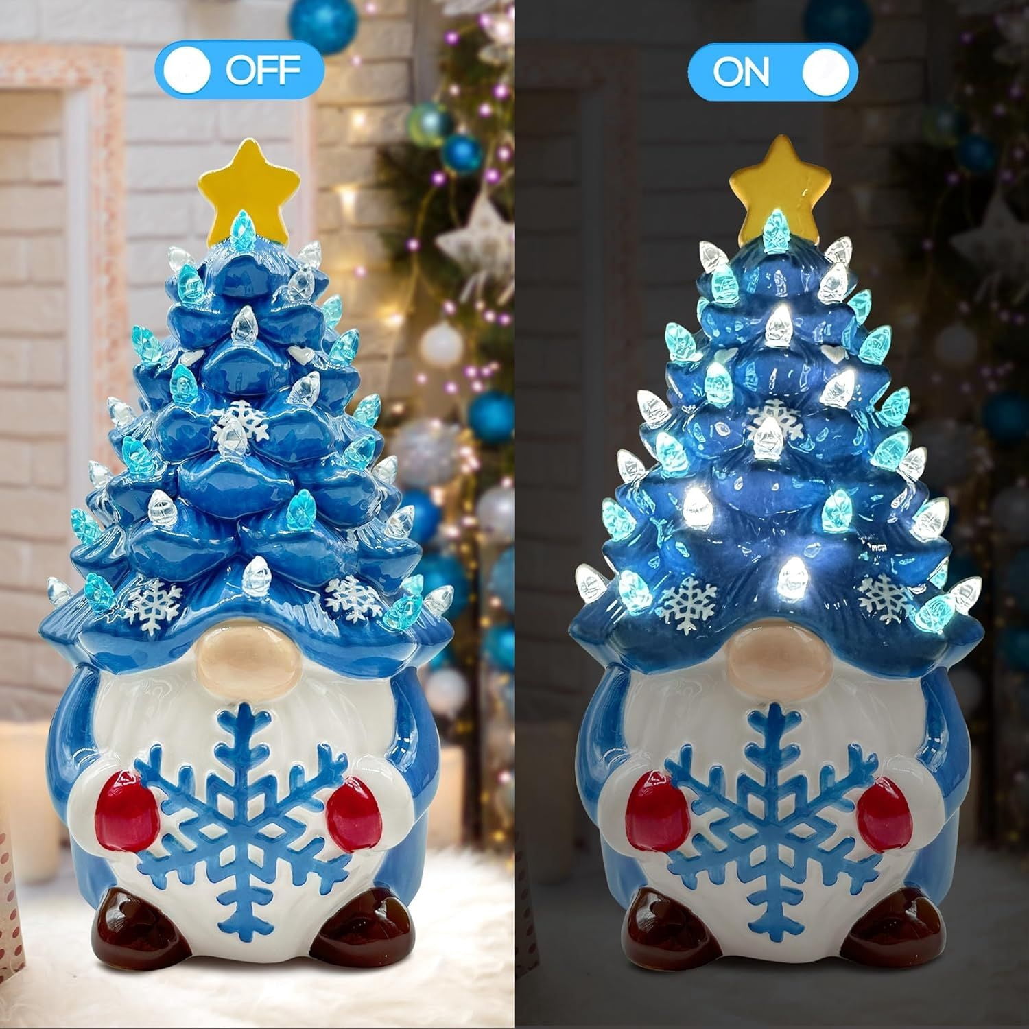 Christmas Gnome Christmas Tree, 8In Mini Ceramic Lighted Christmas Tree, Small Mini Prelit Xmas Holiday Decor for Tabletop Home Room Table Fireplace Office