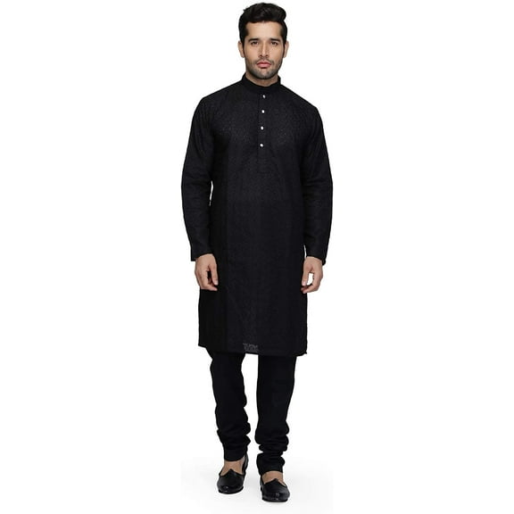 Royal Men's Lucknowi Chikan Embroidered 100% Cotton Comfortable Kurta Churidar Pyjama Set (38, Black-zed)