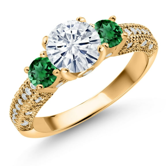 Gem Stone King 18K Yellow Gold Plated Silver White Moissanite and Green Nano Emerald Engagement Ring for Women (1.88 Cttw, Gemstone, Round 7MM and 4MM, Size 6)