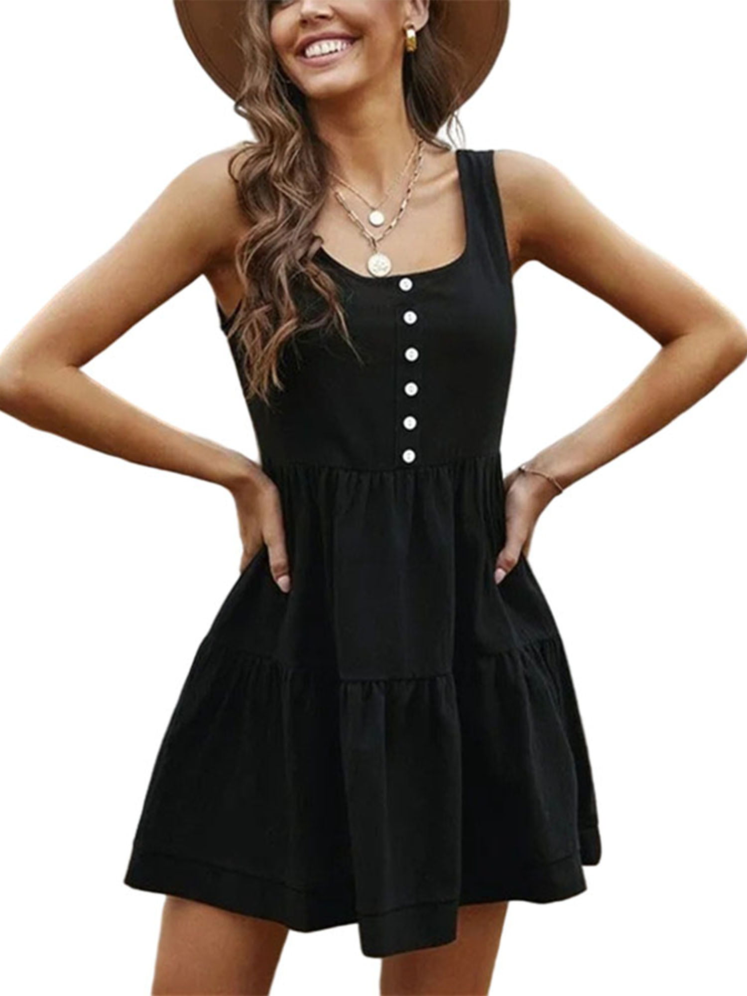 Button Mini Dress Sleeveless Ruffle Pocket Dress,Womens Tank Tops Workout Loose Fit Women Solid V-Neckline Dress 