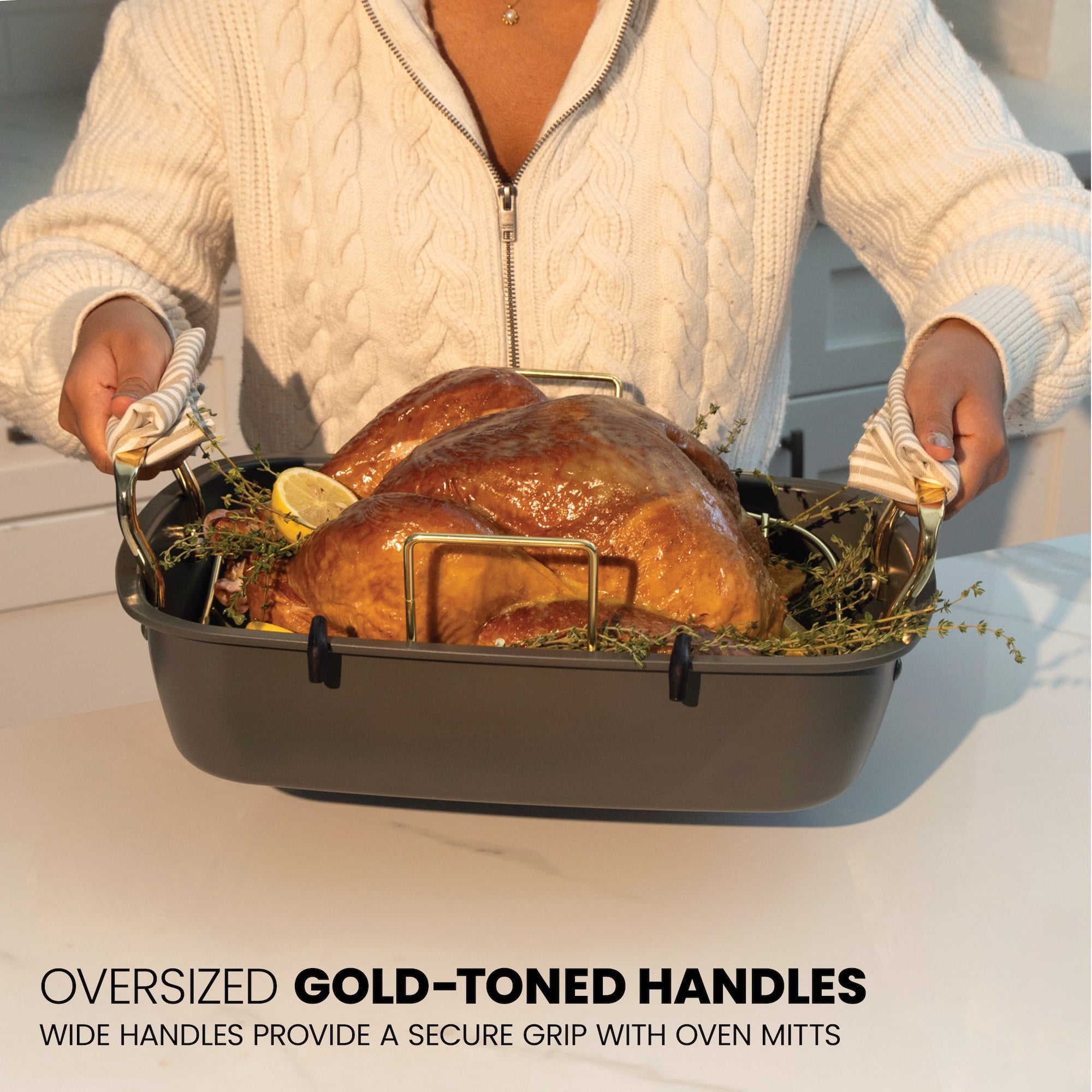 Thyme & Table Moss Green & Champagne 2-Piece Nonstick Roasting Pan and Rack Set