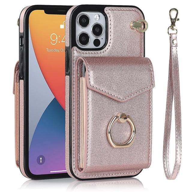 Elegante funda multifuncional tipo cartera para iPhone 12 con correas, ranura para tarjetas, soporte para anillo, protección para cámara, material de PU, diseño a prueba de golpes y antirrobo.