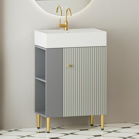 Barara King Storage Cabinet, Bathroom Cabinet,21.6" Open-shelving Bathroom Vanity with Ceramic Sink and Soft-Closing Door,Left Grey