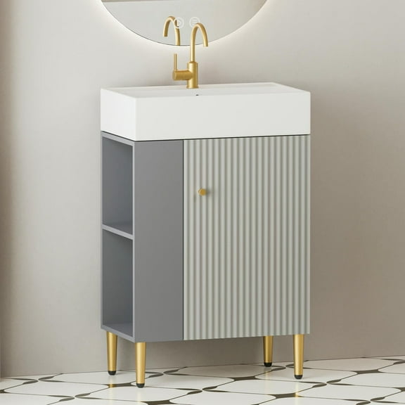 Barara King Storage Cabinet, Bathroom Cabinet,21.6" Open-shelving Bathroom Vanity with Ceramic Sink and Soft-Closing Door,Left Grey