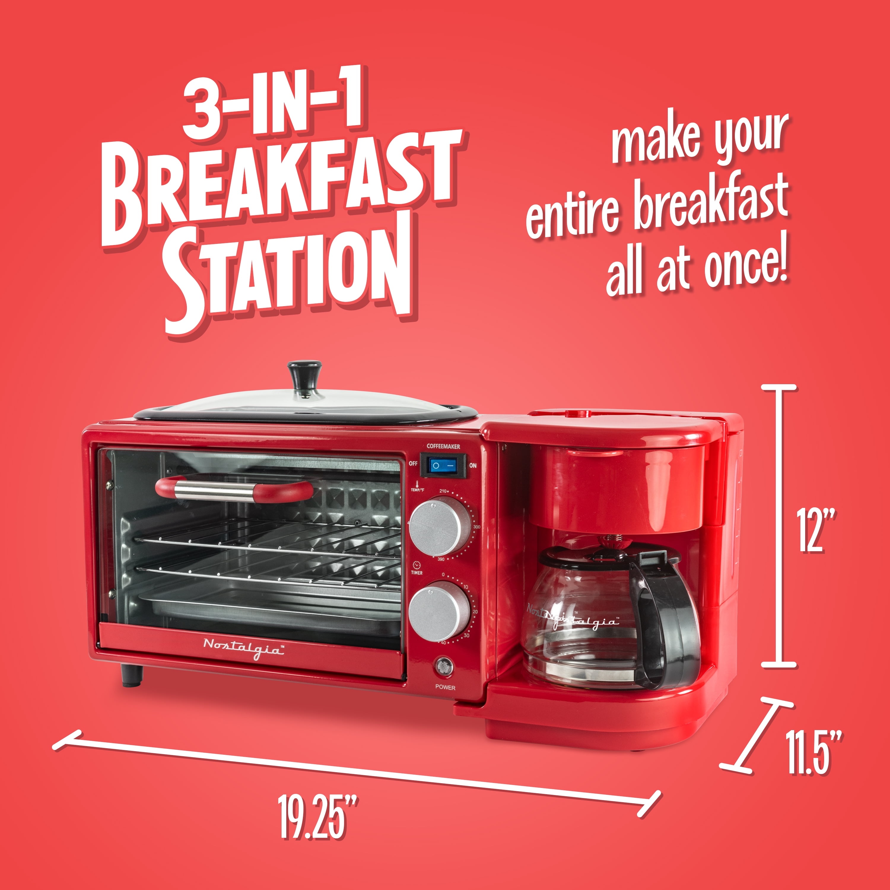 Nostalgia 3-in-1 Retro Breakfast Station - Includes 5 Cup Coffee Maker, Non-Stick Ceramic Griddle, and 4-Slice Toaster Oven - Built-In Timer, Reusable Coffee Filter, Space-Saving Design - Red