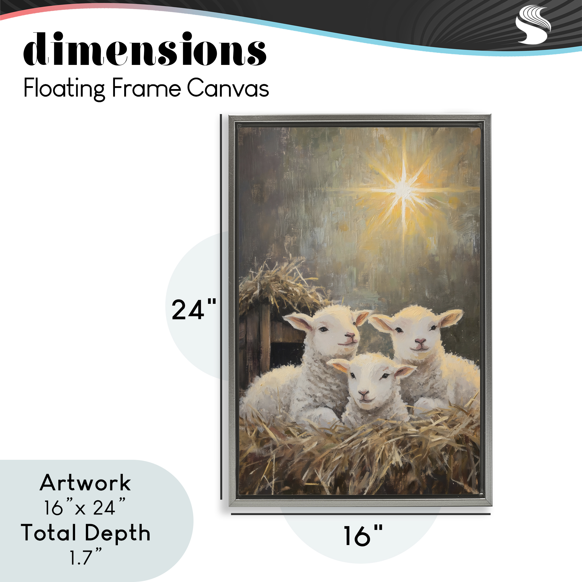 Festive Lambs in Stable Gray Framed Floater Canvas Wall Art, design by Petal Prints Design