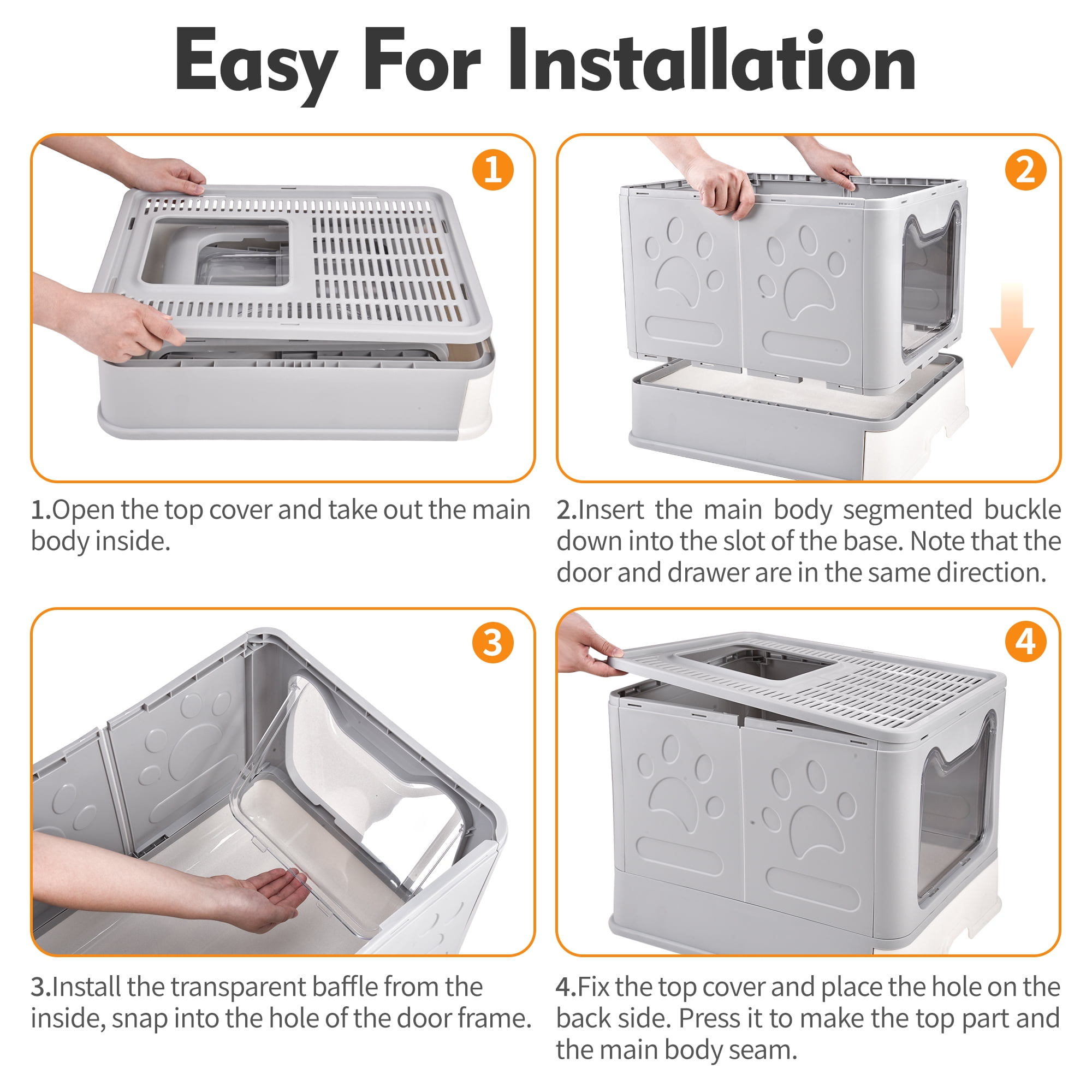 Foldable Cat Litter Box with Lid, Extra Large Covered Litter Box with Cat Litter Scoop, Drawer Type Enclosed Kitty Litter Box, Anti-Splashing Cat Litter Toilet Easy Cleaning and Scoop, Gray