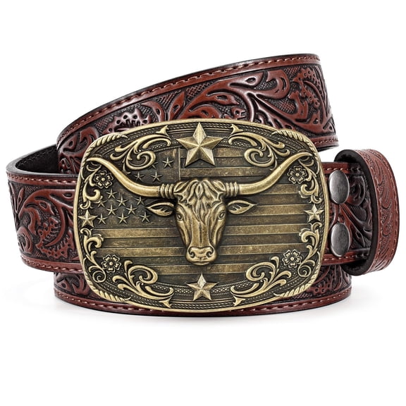 WHIPPY Western Belts for Men Women Cowboy Leather Embossed Belt for Jeans Gifts