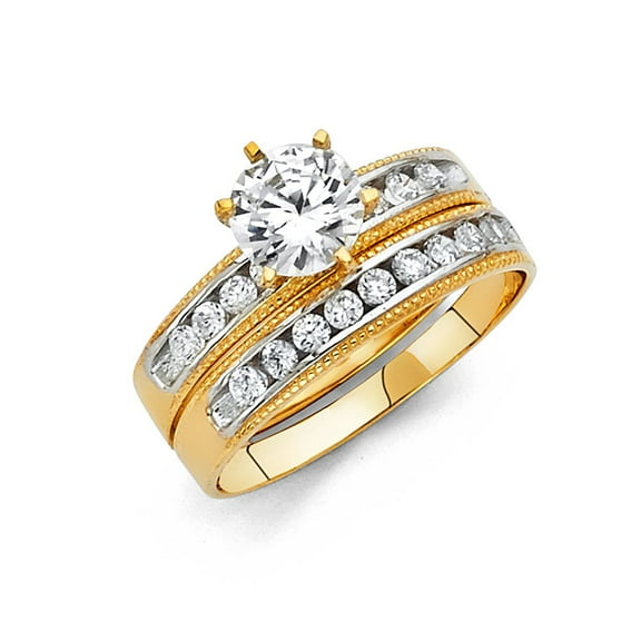 14k Yellow Gold Solitaire 1.7 ct CZ Wedding Band Ring Trio Set His & Hers