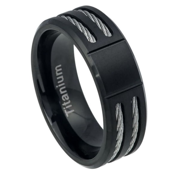8mm Grooved Center Brushed Black IP Plated Titanium Ring Low Beveled Edge with Double Cable Inlay Wedding Band Ring For Men Or Ladies