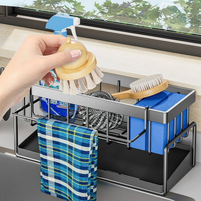 Soporte para fregadero de cocina montado en la pared | Organizador para esponjas de trapo de cocina de acero inoxidable con bandeja de goteo y toallero | Compacto 23×10,5×9cm Blanco gris