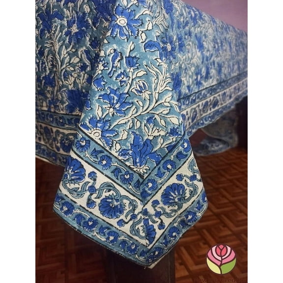 New Era Creation Dark Blue and White Floral Indian Hand Block Printed Tablecloth with Border Design all Around, Table Cover, And Linen Set