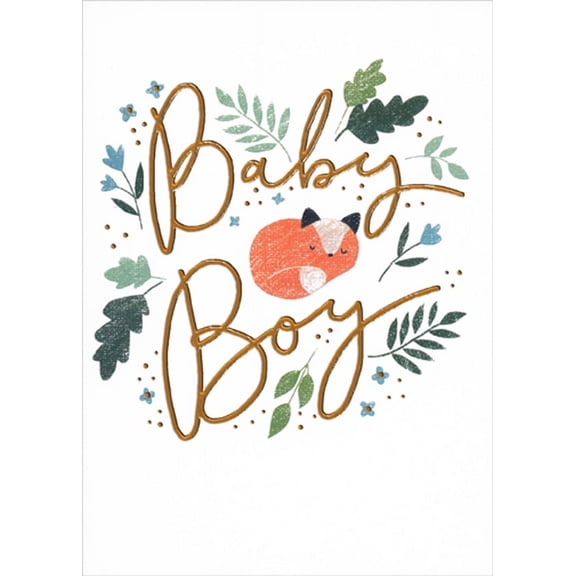 RSVP Baby Boy Fox and Green Leaves New Baby Congratulations Card