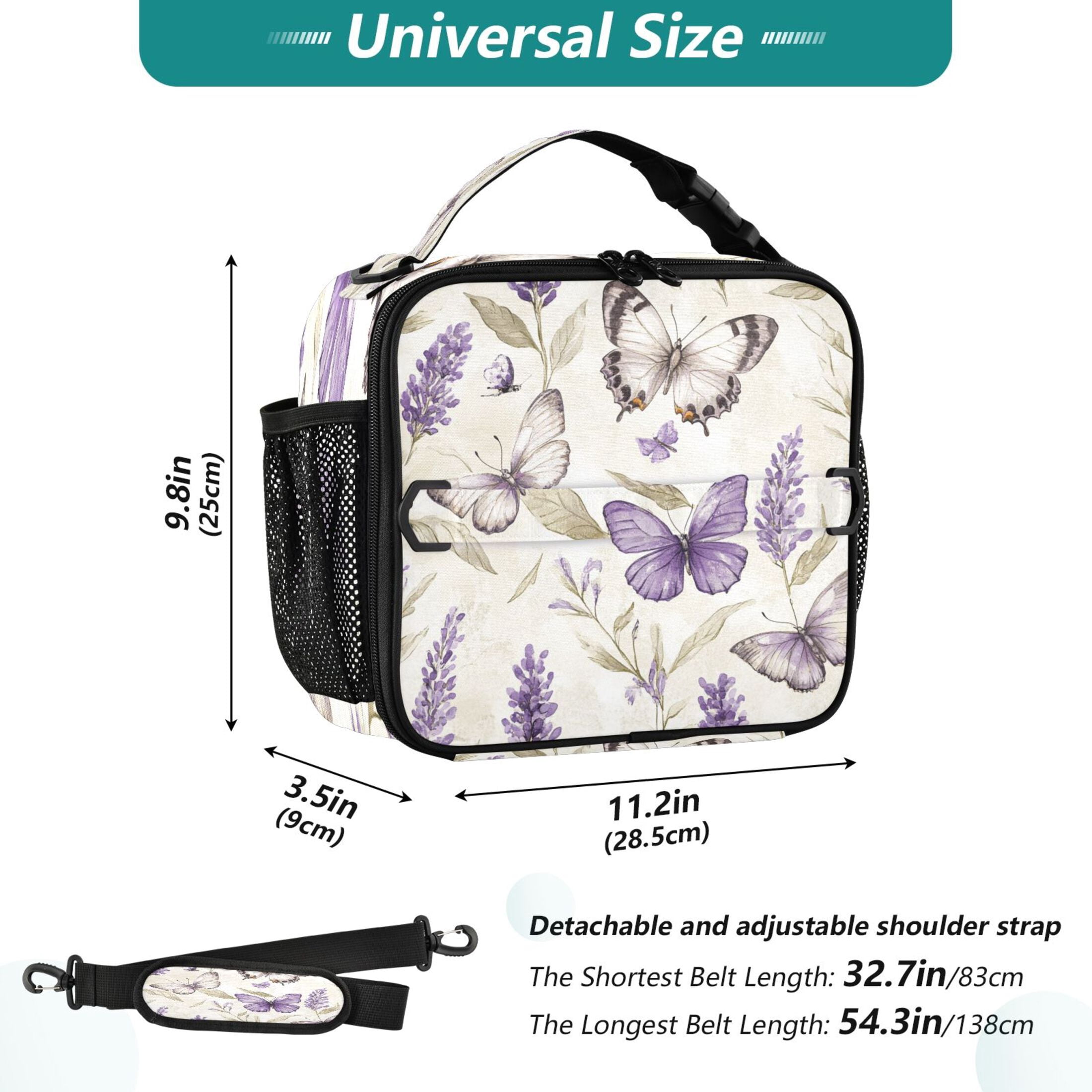 WOBOGO Purple Lavender and Butterfly Tote Lunch Bag High Quality Insulated Aluminium Film For Cold with Adjustable Shoulder Strap 11.2×9.8×3.5in