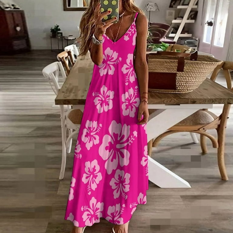 Bright Pink Hibiscus Hawaiian Flower Aloha Sleeveless Dress