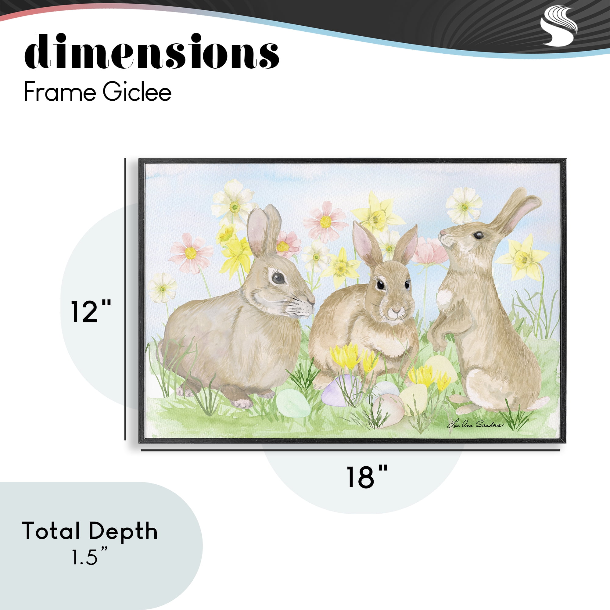Three Bunnies In The Grass Black Framed Giclee Art, design by Lee Ann Sanders