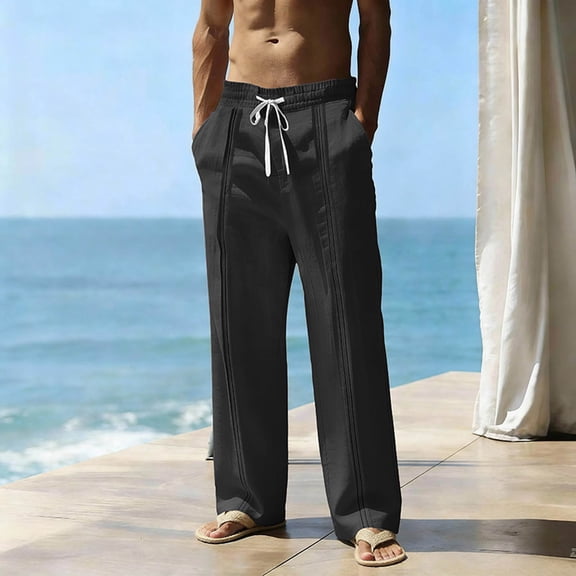 Mens Linen Pants Drawstring Elastic Waist Solid Color Beach Pants Breathable Lightweight Yoga Pants Summer Vacation Casual Lounge Outfits