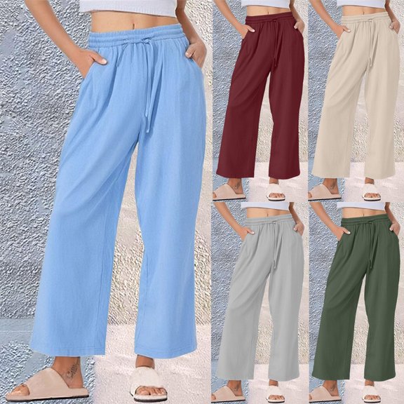 Bixock Women's Straight Leg Pants,Casual Loose Pants,Women Solid Color Drawstring Pocket Soft Lightweight Daily Leisure Outdoor Wear Pants