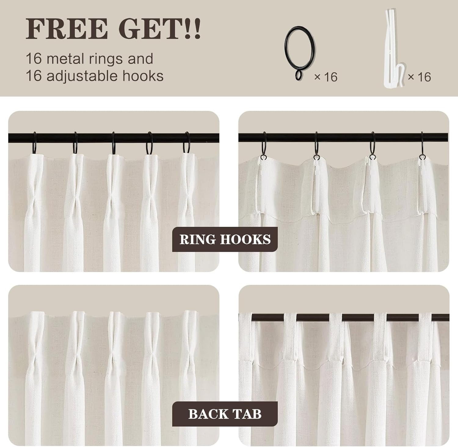 Nalqet 40*90 inch 2 Panels Pinch Pleated Linen Curtains, Light Filtering Linen Blend Sheer Drapes Memory Trained Pleated Curtain Back Tab with Hooks Rings for Living Room Bedroom Office, Beige White