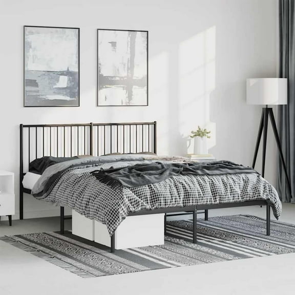 vidaXL Black Metal Queen Bed Frame with Headboard, Under-Bed Storage, Heavy-Duty, No Mattress