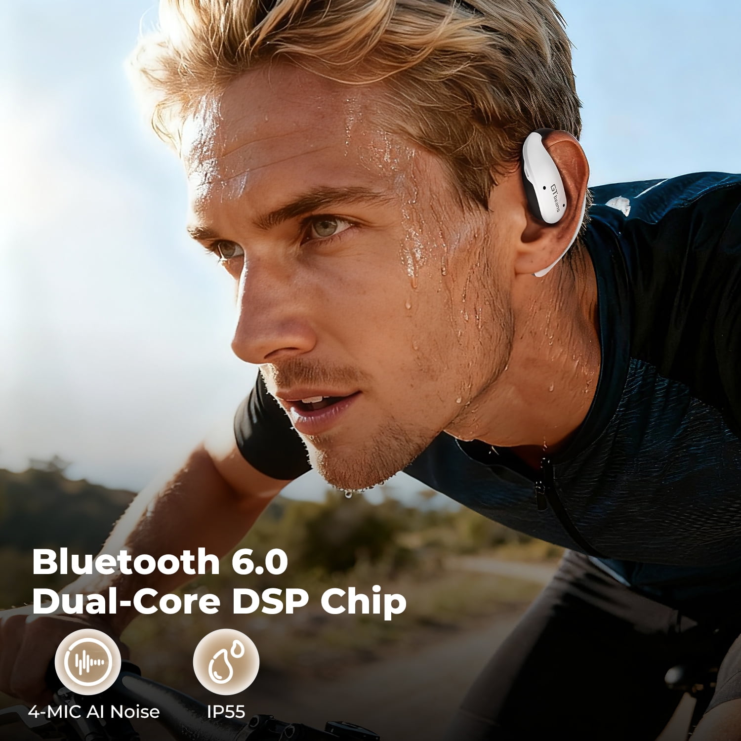 GTbeans E20 Open-Ear Earphones OWS Ear Hooks Wireless Bluetooth 6.0 Headphones IP55 Waterproof 56 Hrs Playtime 4 Mic Clear Call Sports Earbuds, White