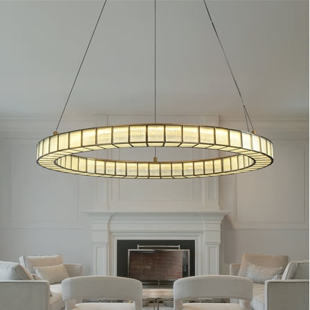 32'' Modern Halo Round Art Glass Integrated Led Chandelier Brass Art Deco Led Ceiling Light For Dining Room Living Room