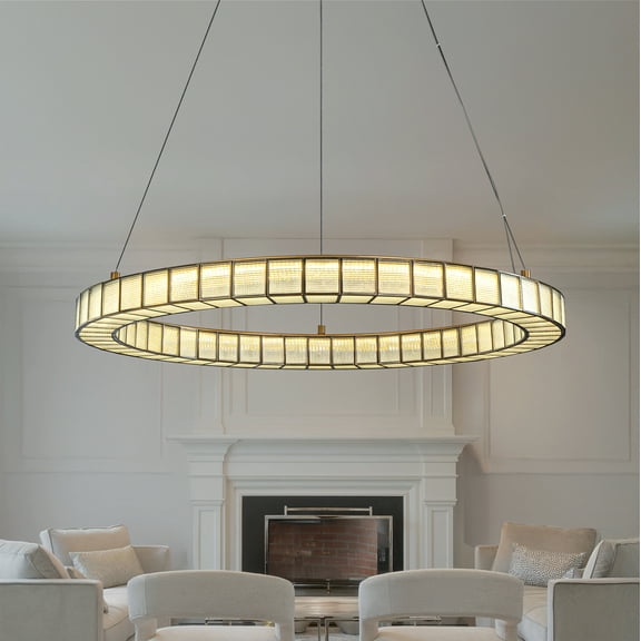 32'' Modern Halo Round Art Glass Integrated Led Chandelier Brass Art Deco Led Ceiling Light For Dining Room Living Room