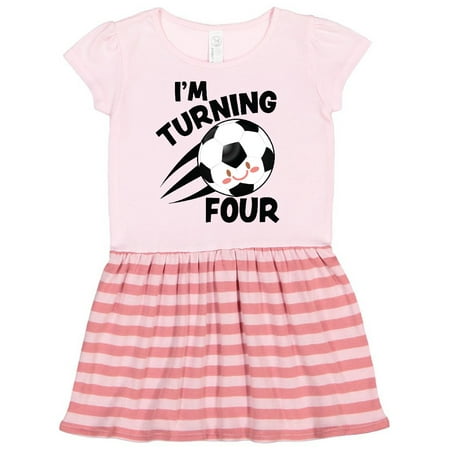 

Inktastic I m Turning Four with Soccer Ball Gift Toddler Girl Dress