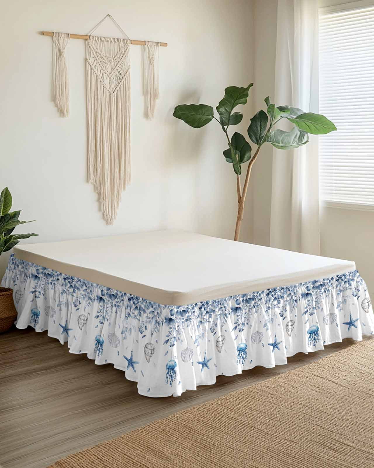 Blue Coastal Wrap Around Bed Skirts for King Bed 18" Drop,Bed Skirt with Adjustable Elastic Belt Dust Ruffle Bed Valance Summer Eucalyptus Leaves Beach Ocean Starfish Nautical Bed Frame Cover