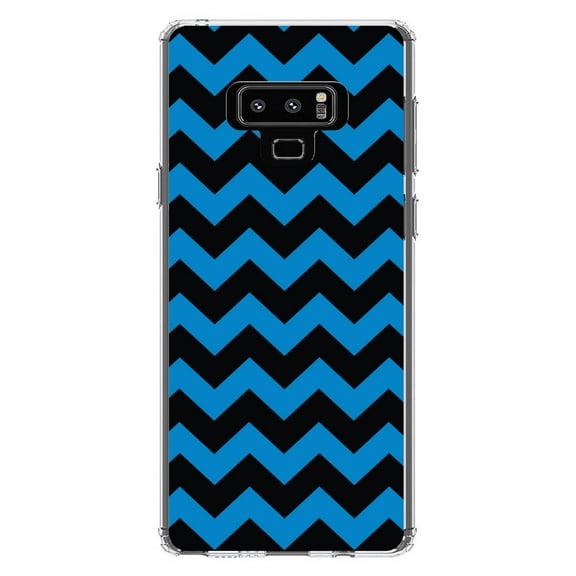 DistinctInk Clear Shockproof Hybrid Case for Samsung Galaxy Note 9 - TPU Bumper, Acrylic Back, Tempered Glass Screen Protector - Black Blue Stripes - Stripes Pattern