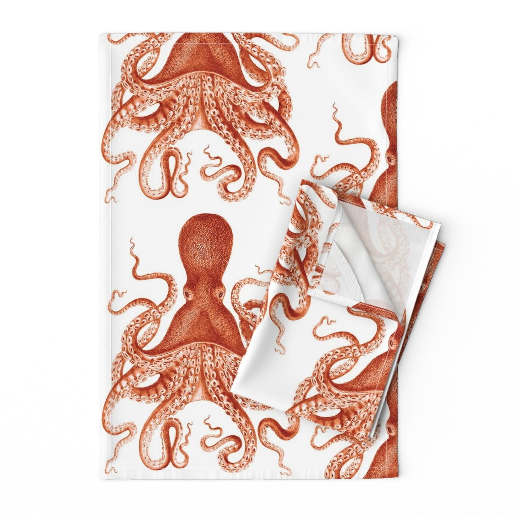 Octopus Sepia Nautical Ocean Spa Linen Cotton Tea Towels by Roostery Set of 2 