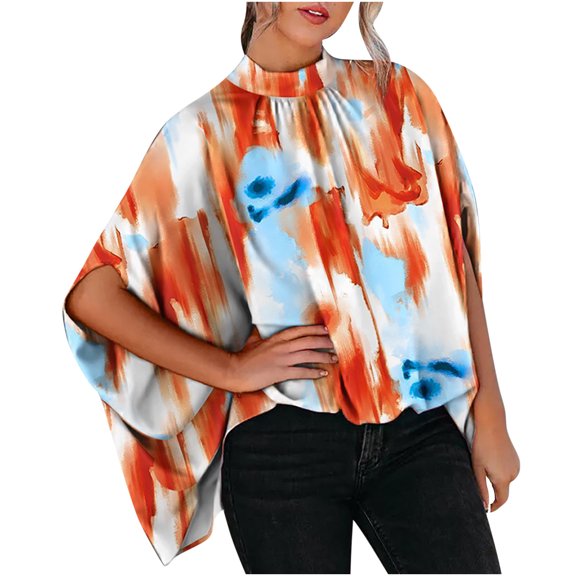 USSUMA Womens Summer Tops and Blouses Trendy Turtleneck Tie Dye T-Shirts for Women Dressy Casual 3/4 Sleeve Batwing Sleeve Loose Shirt Tunics Plus Beach