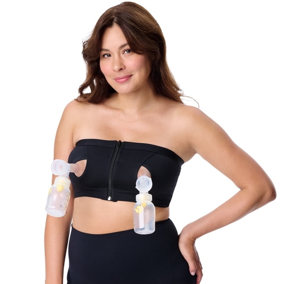 Motherhood Maternity Hands Free Pumping Bra, Soft Adjustable Strapless Nursing Bra with Wireless Support & Front Zipper for Breastfeeding Moms, Bandeau for Easy Pumping & Nursing