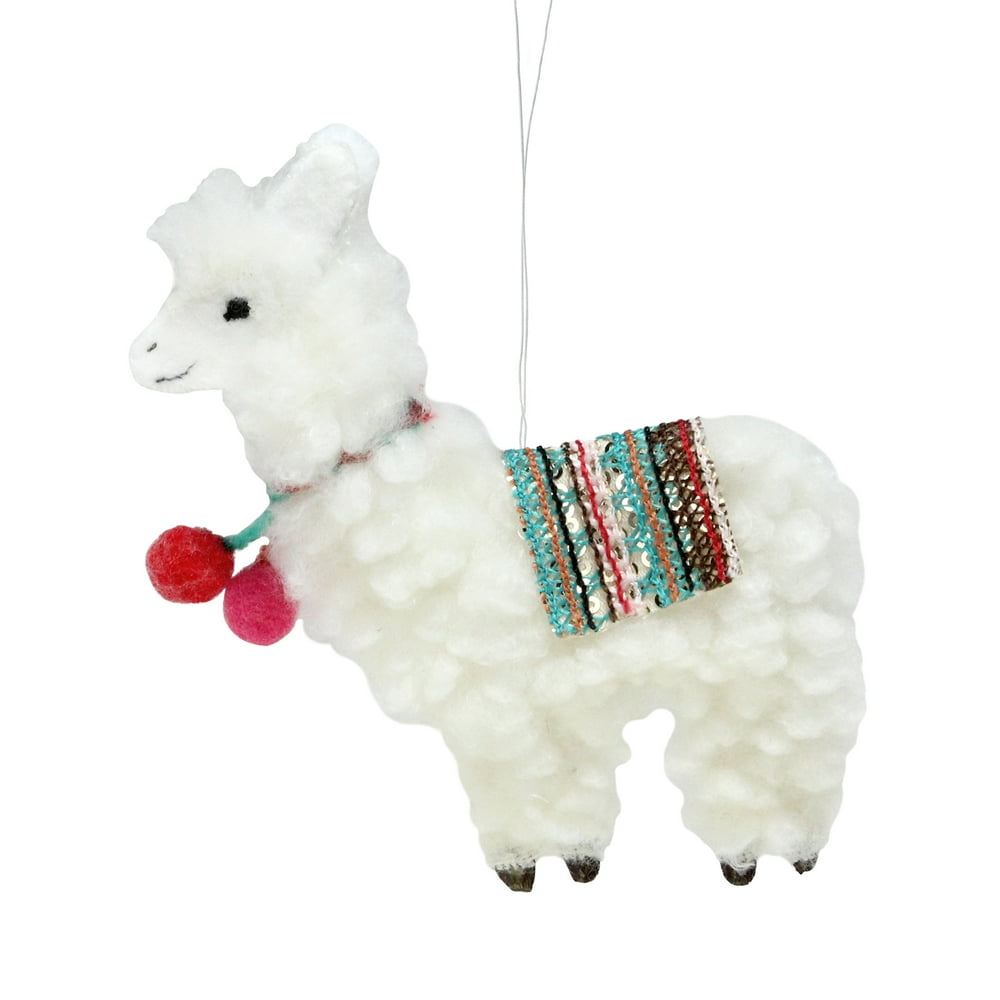 55 Plush White Bohemian Llama Christmas Ornament With Pom Poms