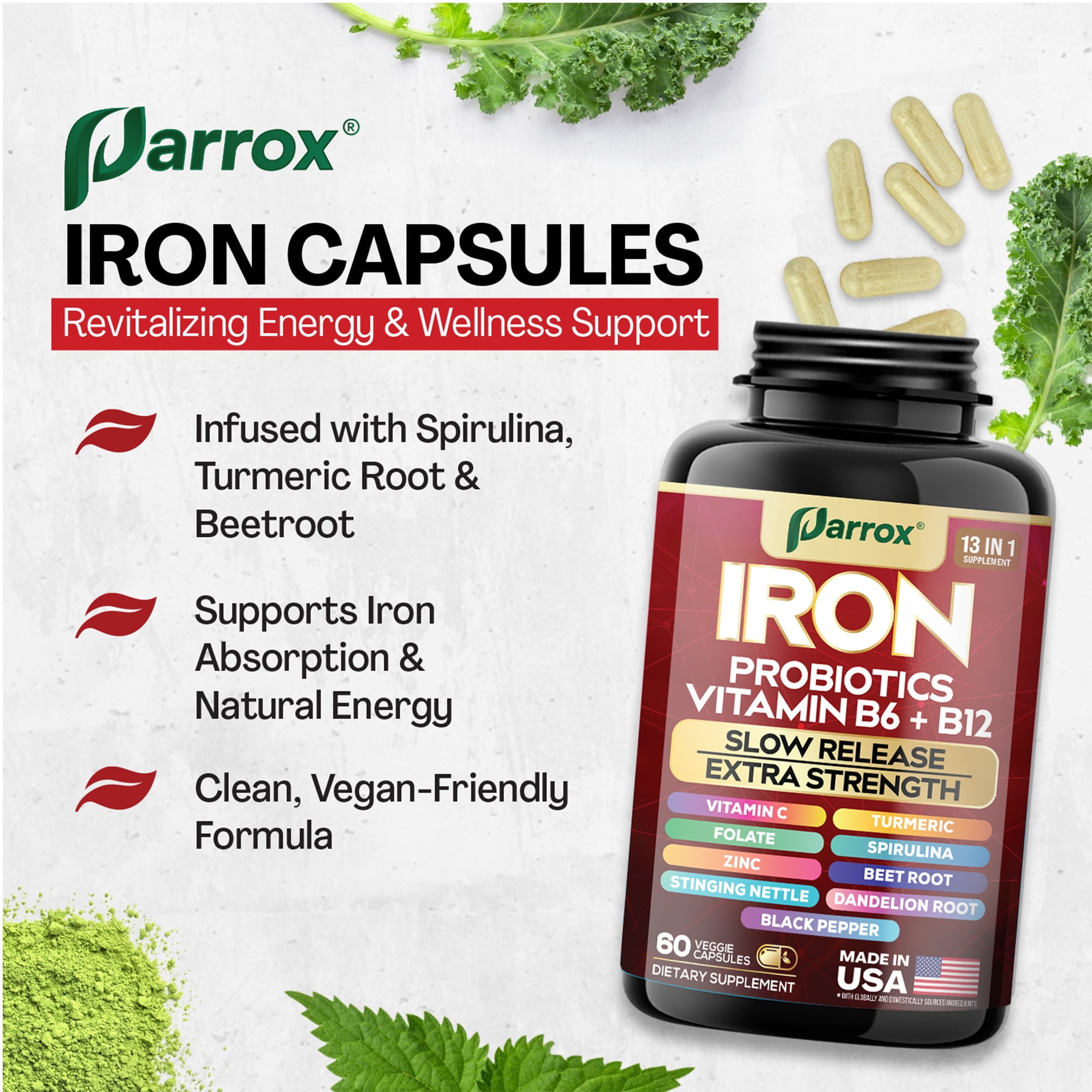 Parrox Iron Supplement with Slow Release Iron, Probiotics, Spirulina, Turmeric, Vitamin B6, B12, C, Zinc, Folate, Beetroot, Nettle Leaf, Dandelion Root,Black Pepper, Extra Strength, 60 Vegan Capsules