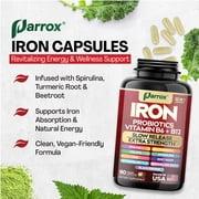 Parrox Iron Supplement with Slow Release Iron, Probiotics, Spirulina, Turmeric, Vitamin B6, B12, C, Zinc, Folate, Beetroot, Nettle Leaf, Dandelion Root,Black Pepper, Extra Strength, 60 Vegan Capsules