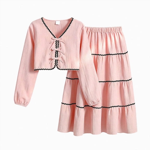 mgoYE Girls 2 Piece Casual Skirt Sets Long Sleeve Tie Front Top Tiered Flowy Ruffle Fall Spring Maxi Skirt(Red,7-8 Years)