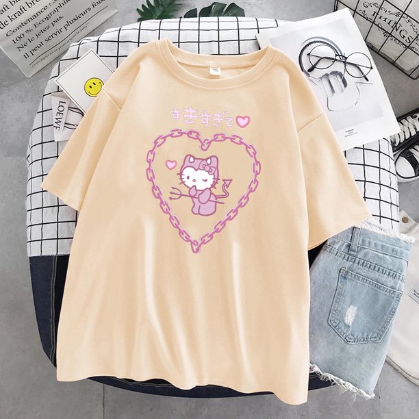 Camiseta feminina de manga curta plus size, fashion e fofapangjing